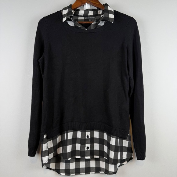 Adrianna Papell Sweaters - Adrianna Papell Layered Sweater Women S Black White Buffalo Plaid Mixed Media